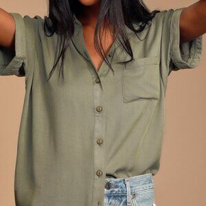 Lulus Blythe Olive Green Short Sleeve Button-up Top - Size M